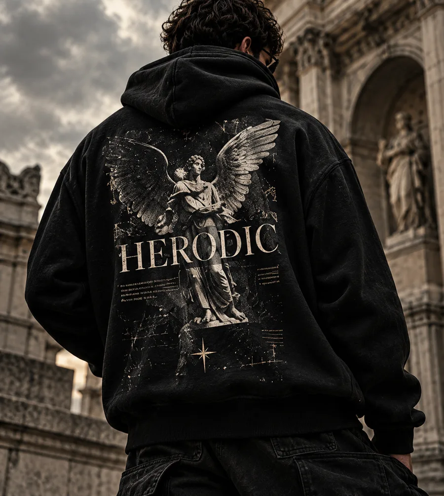 Figure in a HERODIC angel back-print hoodie in front of classical architecture