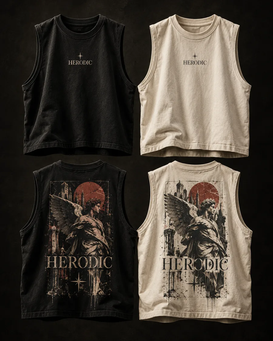 HERODIC boxy tanks in washed black and ivory, front and back