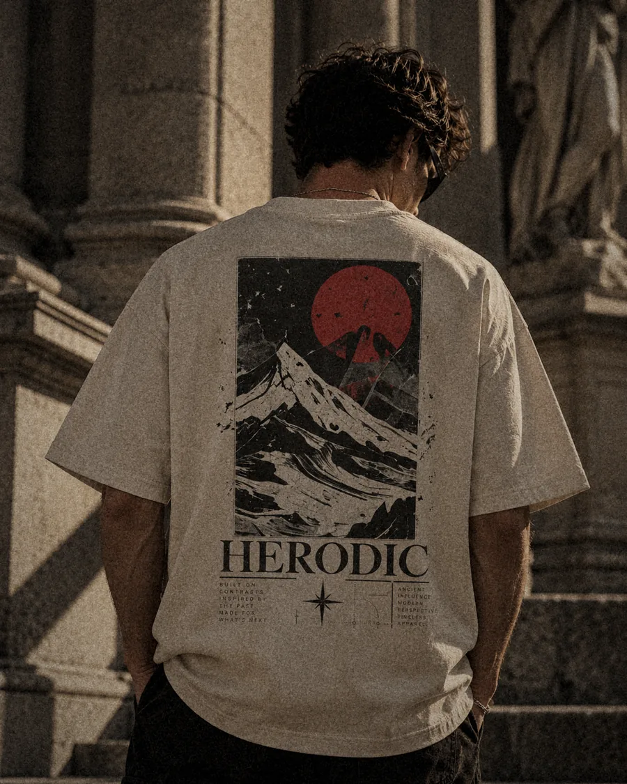 Model from behind in the Crimson Summit antique ivory tee, red sun and mountain back print