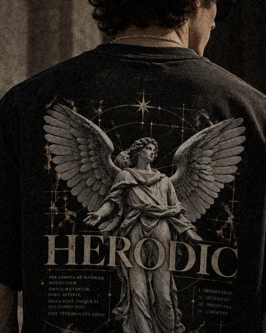 Close-up of the Lux Aeterna back print: a winged guardian statue with the HERODIC wordmark
