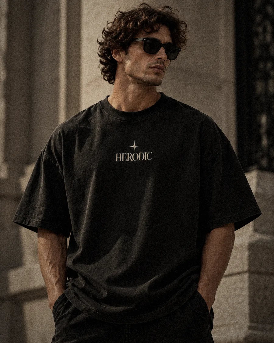 Model in the Signature washed black tee with the star and wordmark, outside a stone building