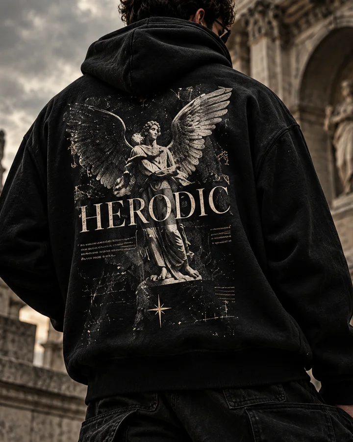 HERODIC hoodie back print: winged angel statue with the wordmark