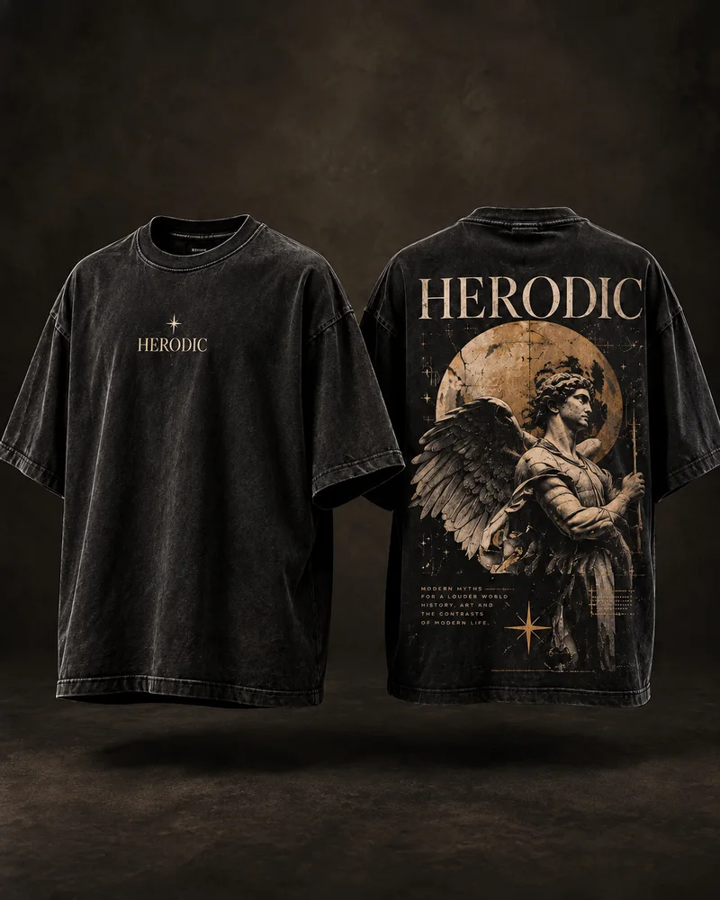 HERODIC oversized tee, front with the star and wordmark and back with the winged statue and golden moon print