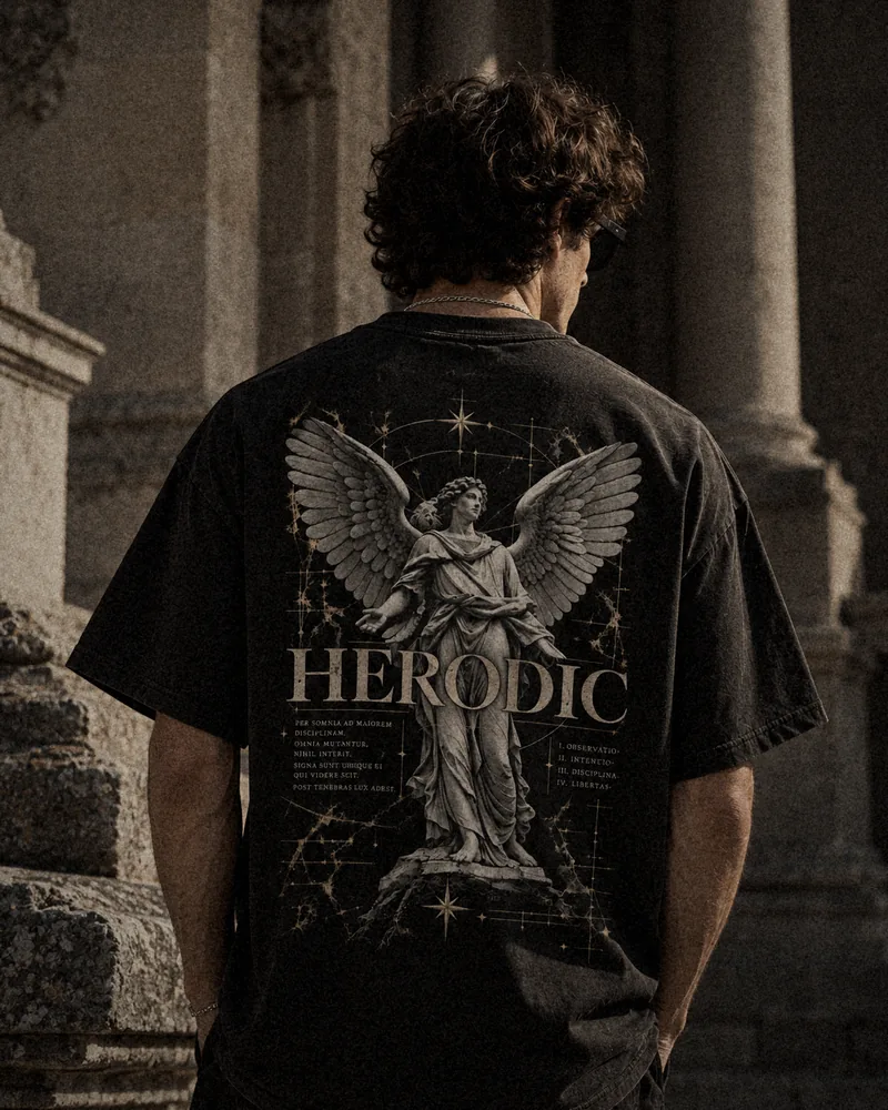 Model from behind in a washed black HERODIC oversized tee with the winged angel back print, between stone columns